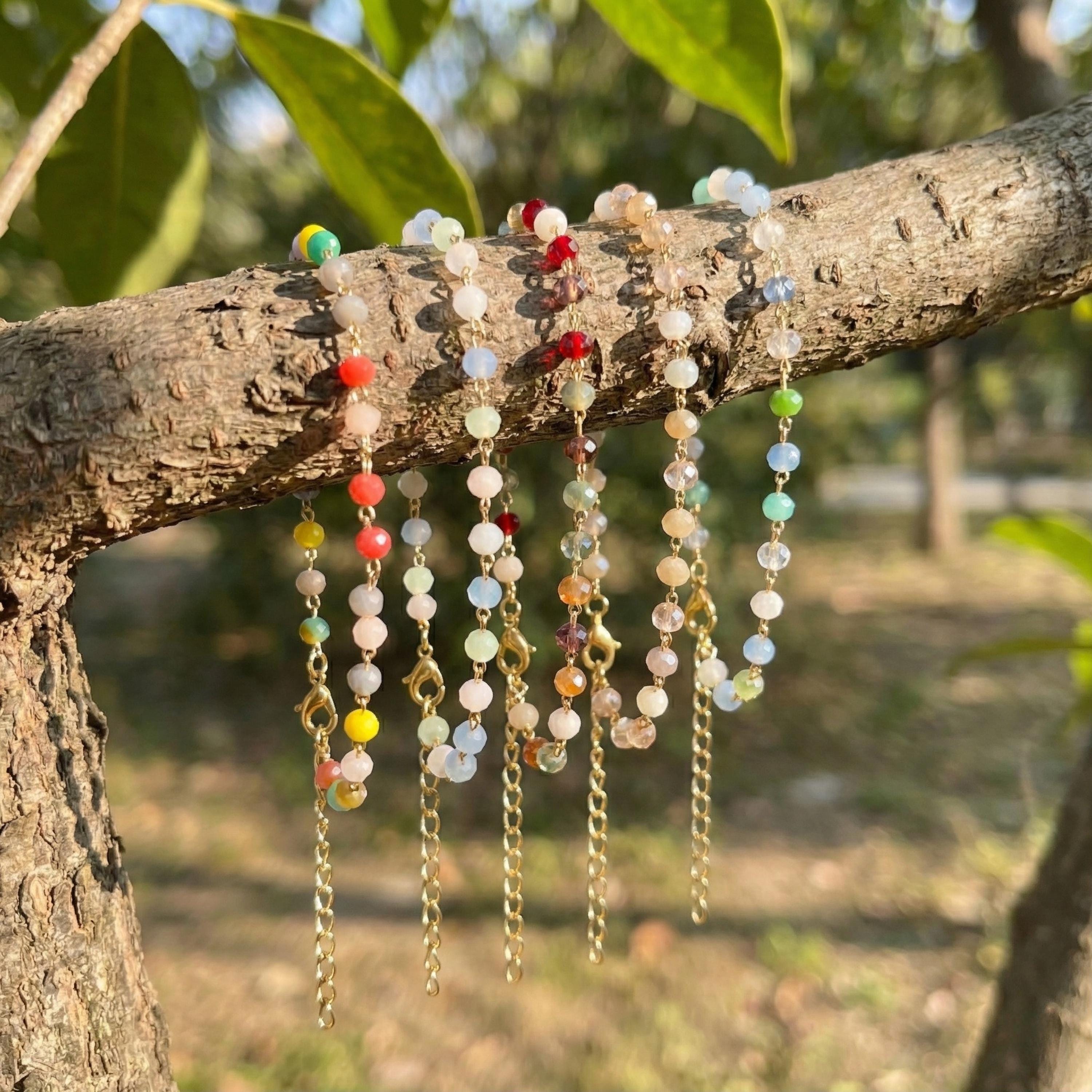 Colorful Crystal Beaded Bracelet, Gold Chain, Adjustable Boho Jewelry