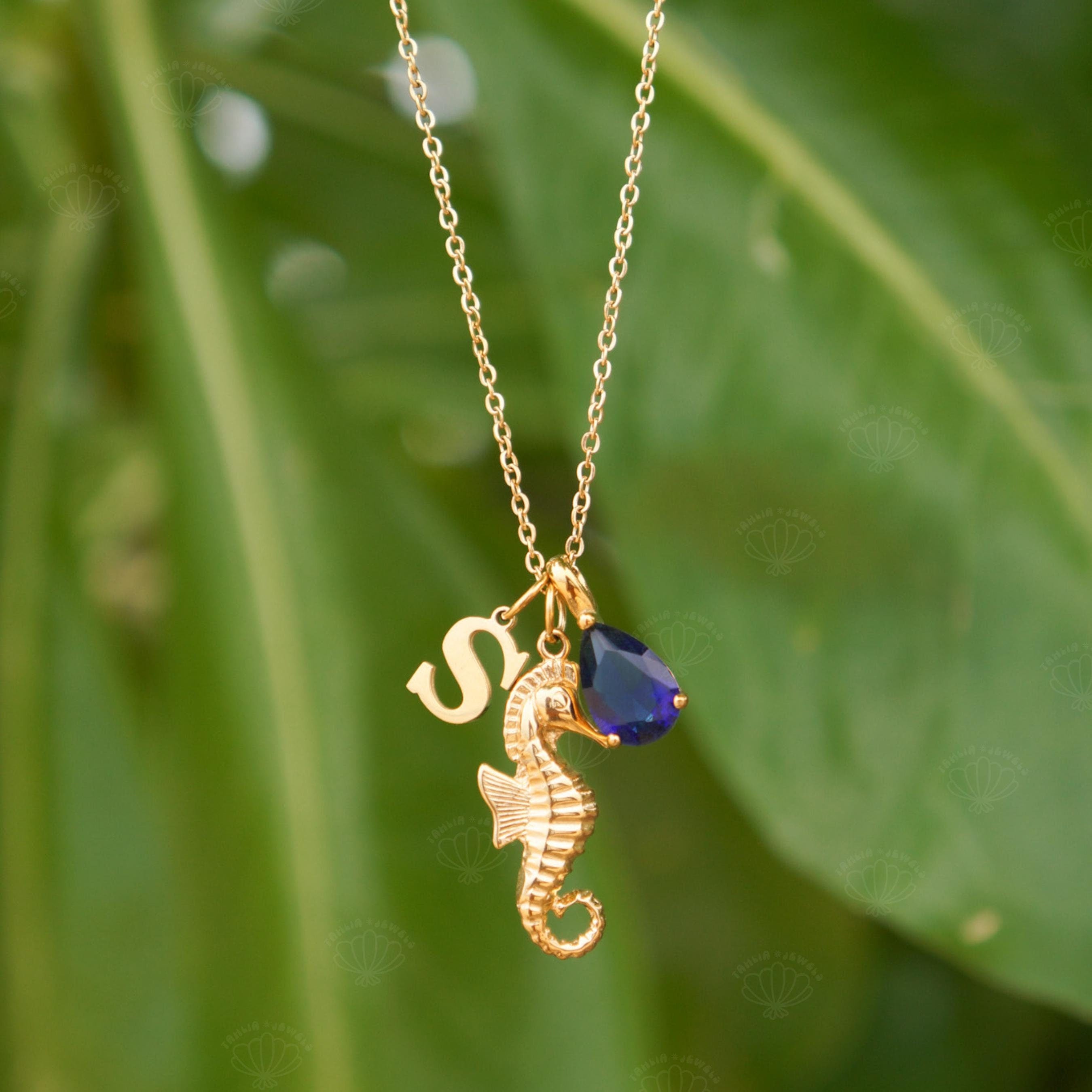 Custom Initial Necklace with Birthstone & Seahorse