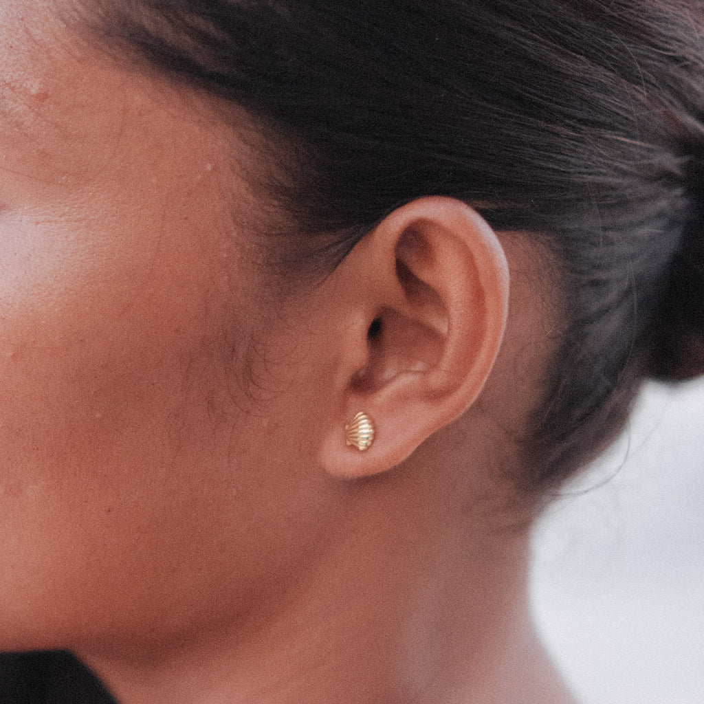 Gold seashell stud earring worn on the ear
