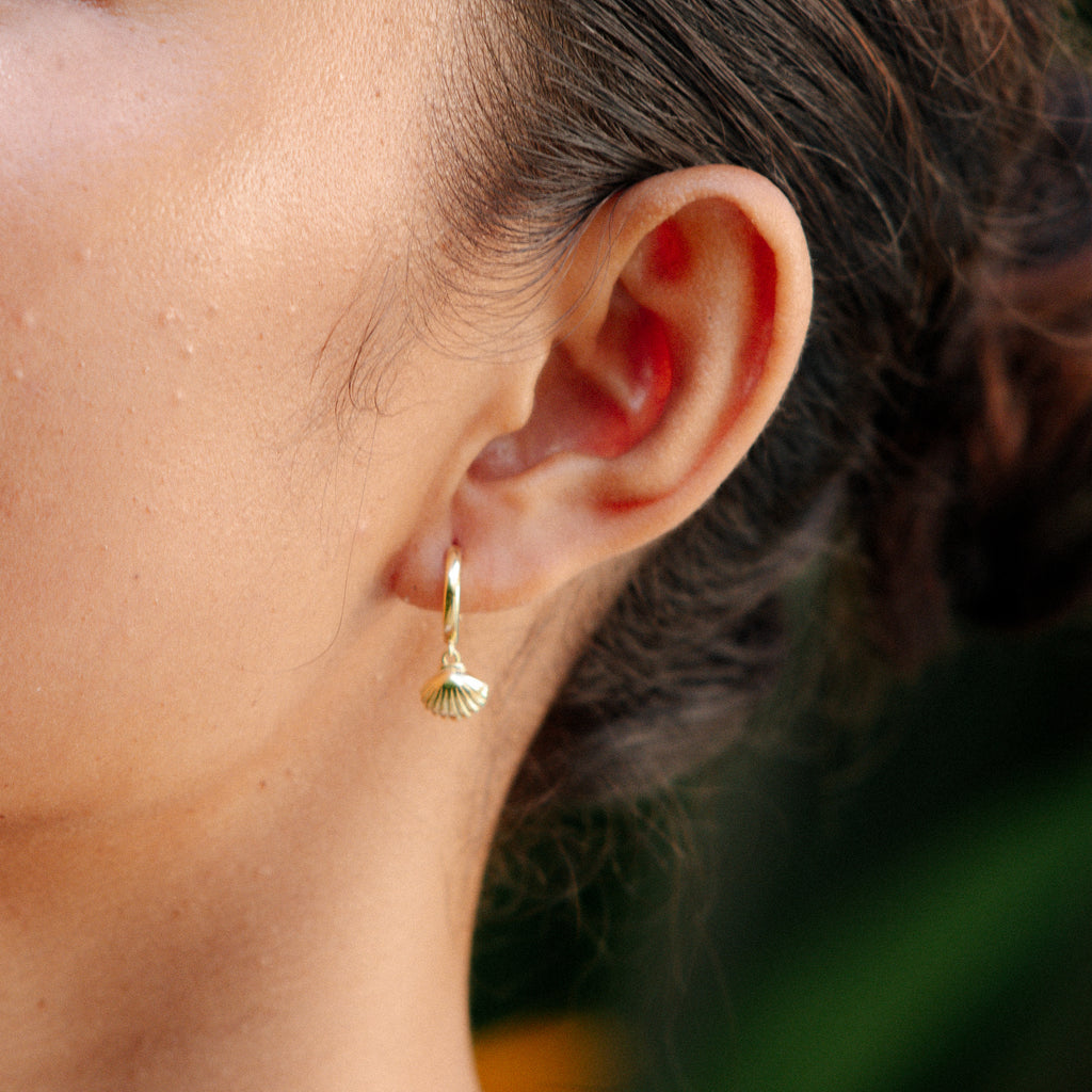 Gold seashell charm huggie hoop earring worn on the ear