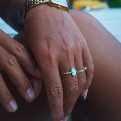 Turquoise stone ring in gold vermeil worn on a hand