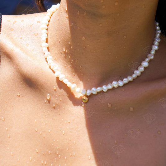 Dainty gold shell and pearl pendant necklace worn at the neck