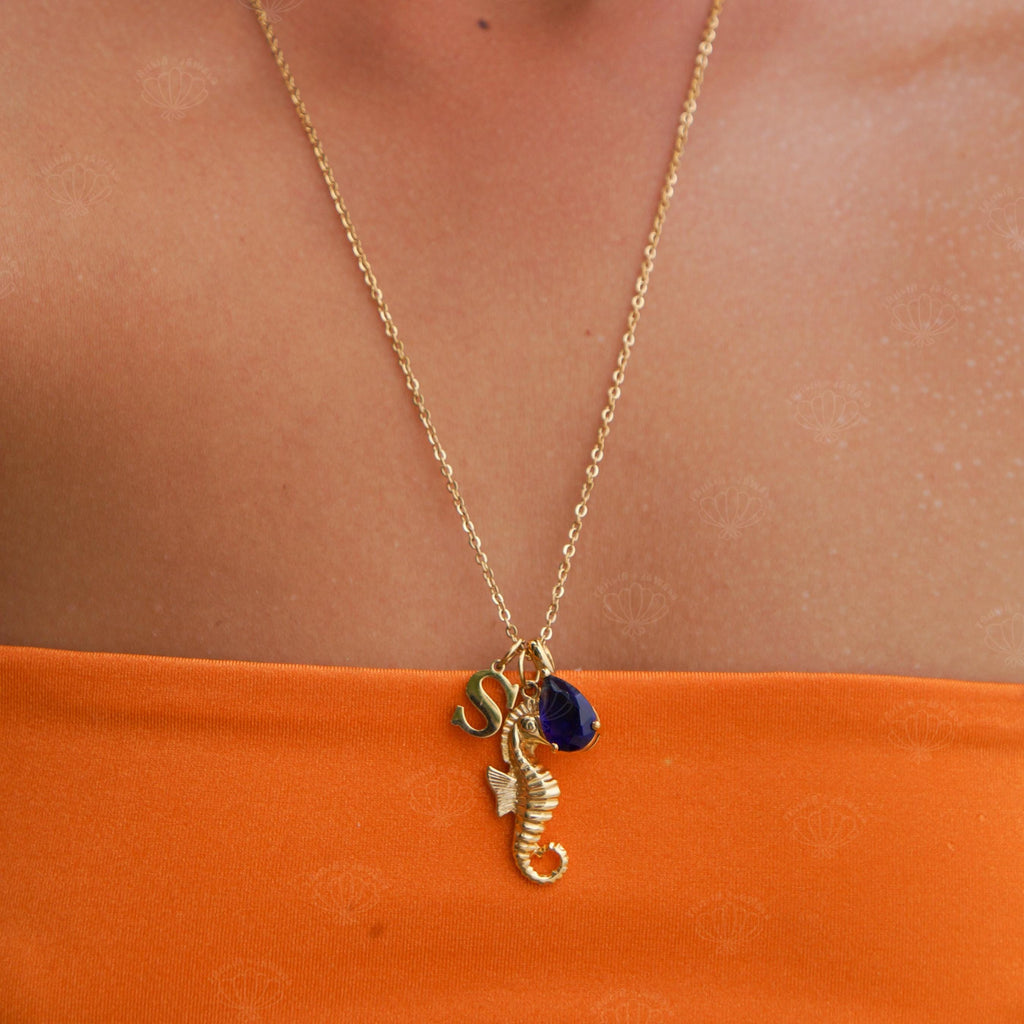 Custom Seahorse Initial Necklace, detail view