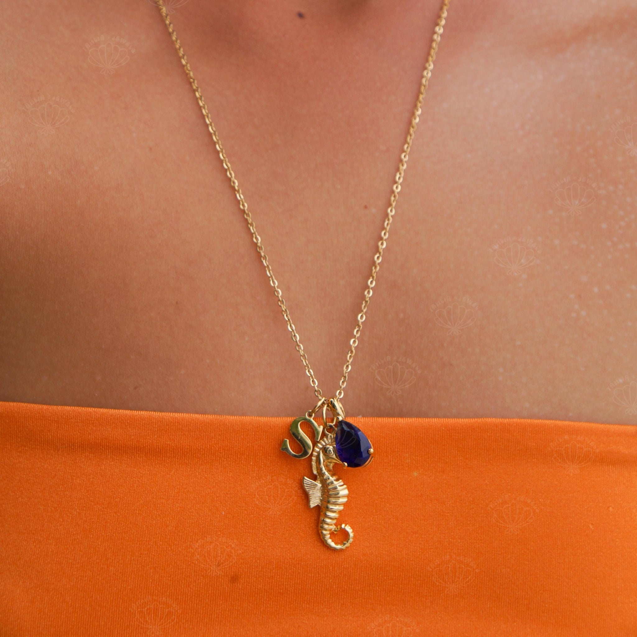 Custom Initial Necklace with Birthstone & Seahorse