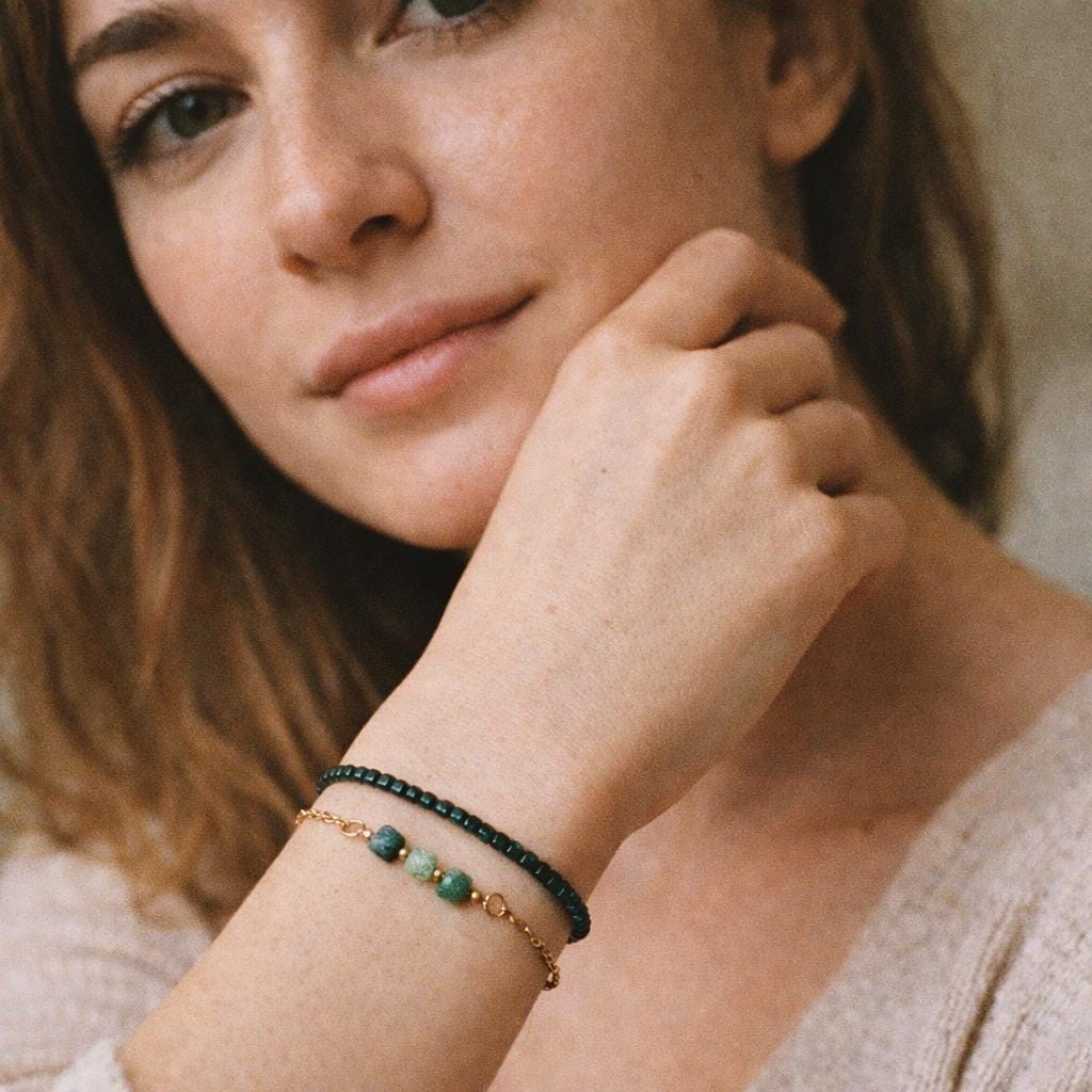 Green Stone Bead Bracelet Set