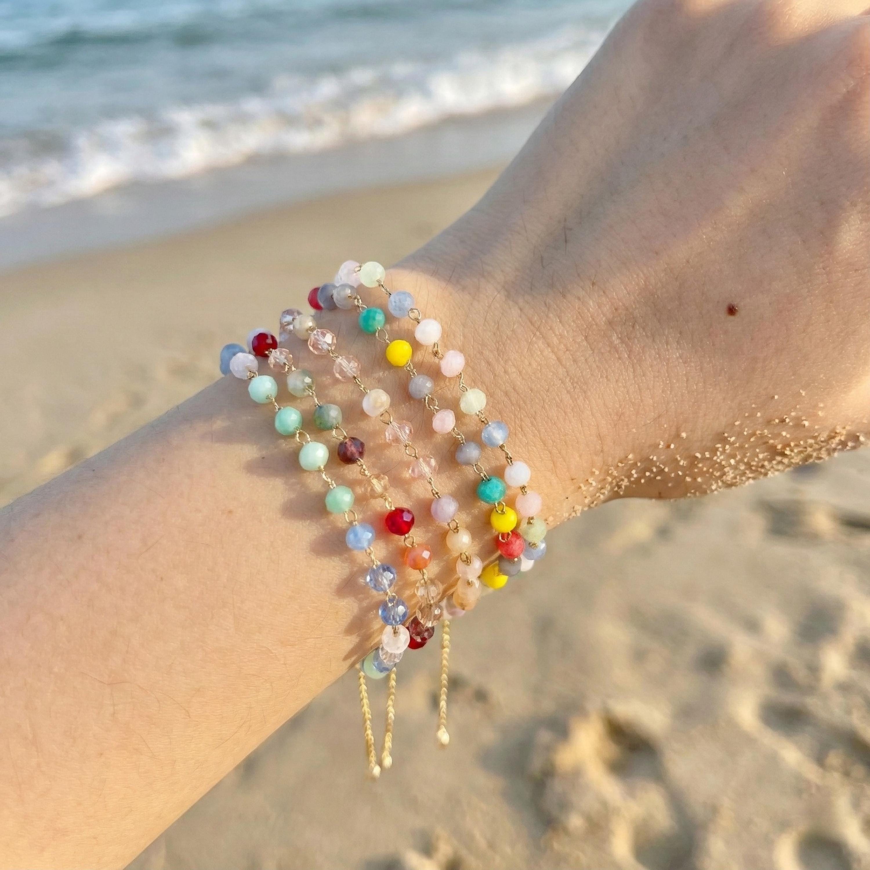 Colorful Crystal Beaded Bracelet, Gold Chain, Adjustable Boho Jewelry