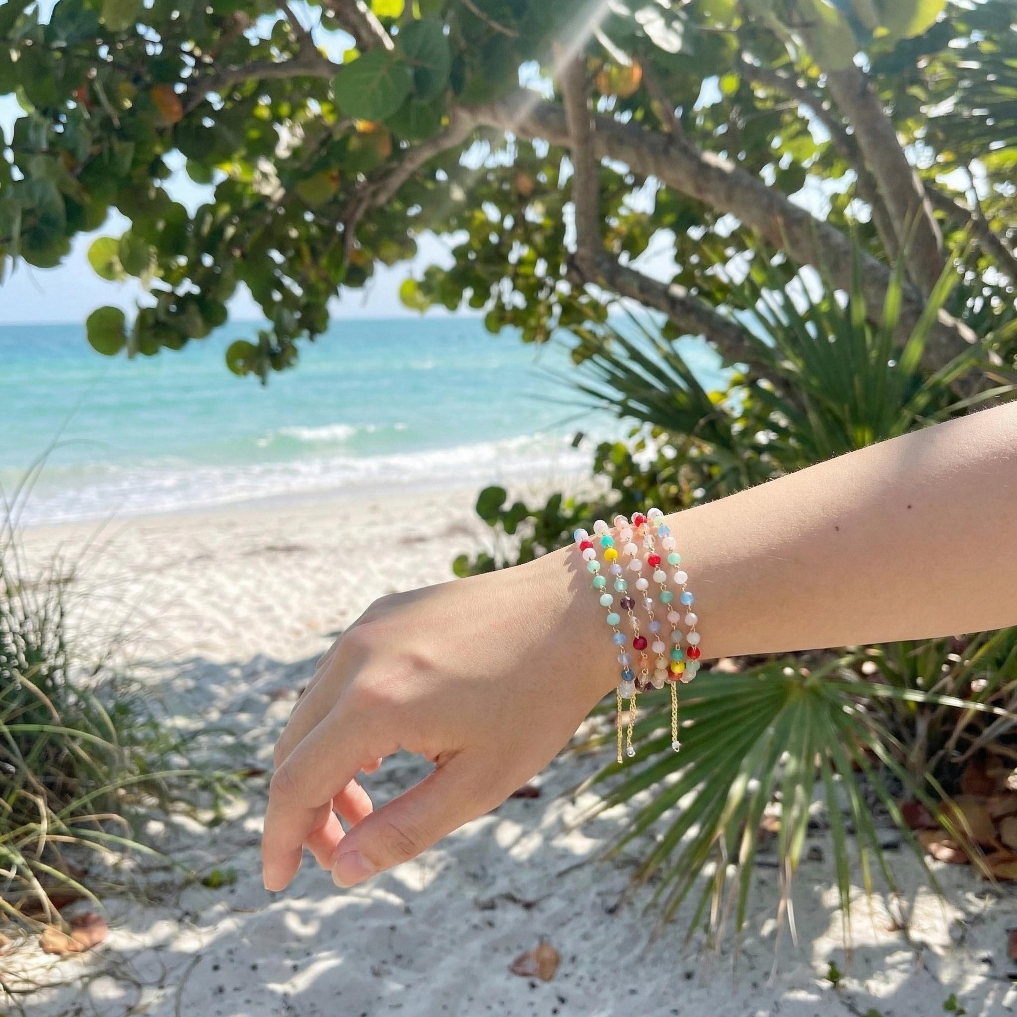 Colorful Crystal Beaded Bracelet, Gold Chain, Adjustable Boho Jewelry