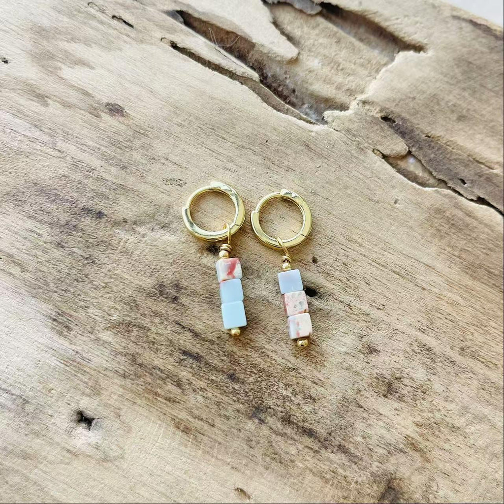 Aqua Stone Drop Hoop Earrings, worn view