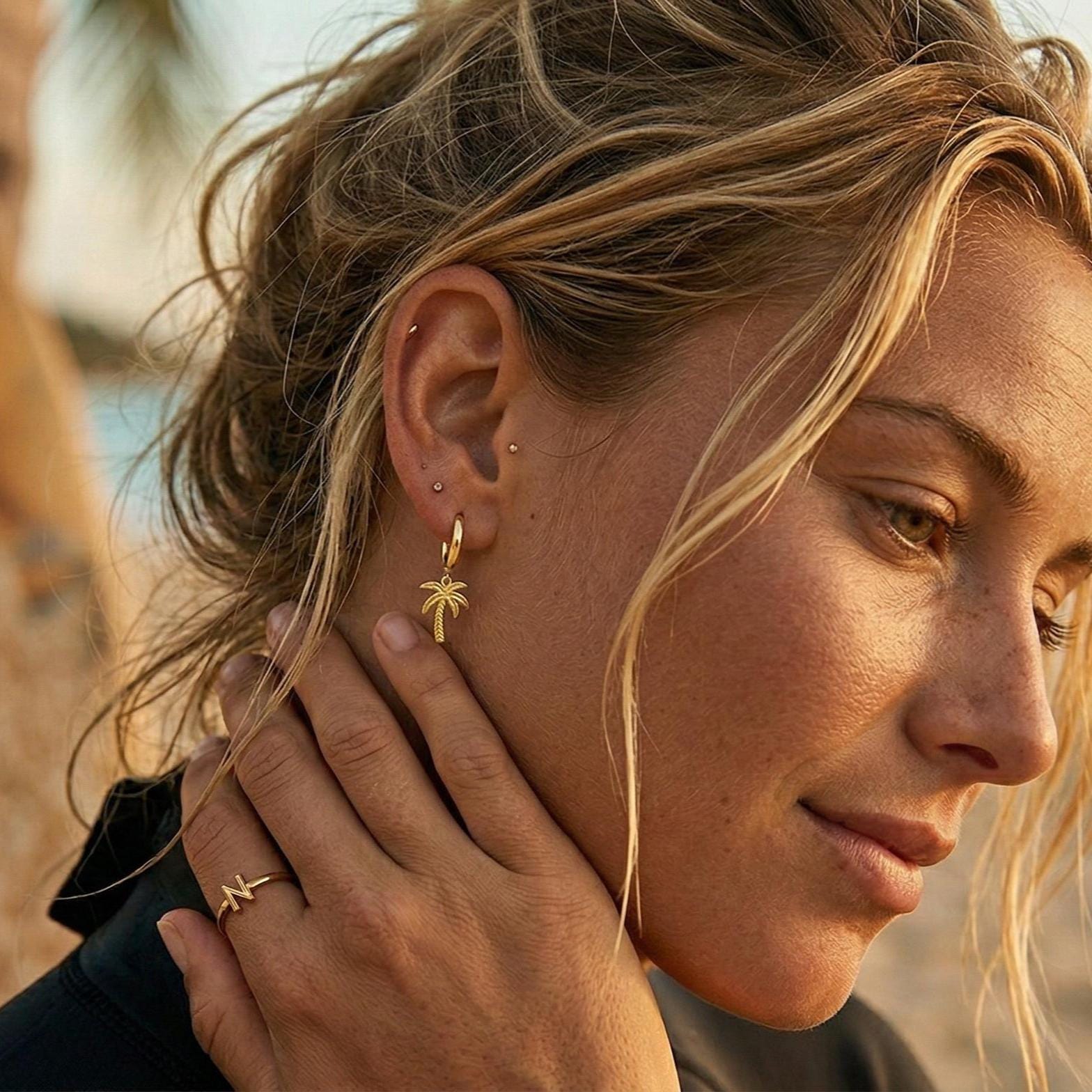 Gold Palm Tree Hoop Earrings, Beach Jewelry, Surfer Girl Earrings, Tropical Dainty Charm Hoops, Ocean Lover Gift, Minimalist Summer Jewelry