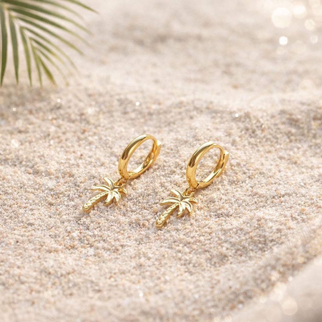 Gold Palm Tree Hoop Earrings, Beach Jewelry, Surfer Girl Earrings, Tropical Dainty Charm Hoops, Ocean Lover Gift, Minimalist Summer Jewelry