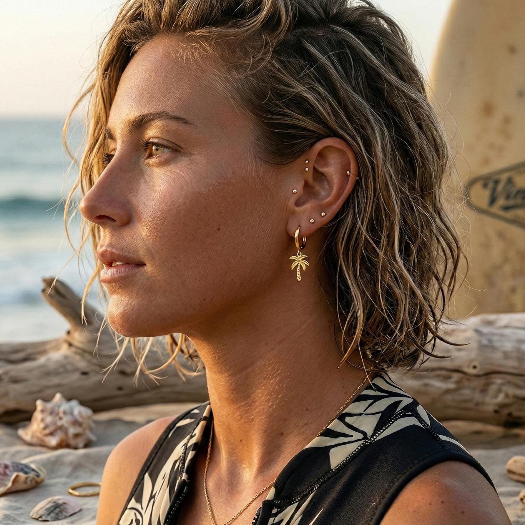 Gold Palm Tree Hoop Earrings, Beach Jewelry, Surfer Girl Earrings, Tropical Dainty Charm Hoops, Ocean Lover Gift, Minimalist Summer Jewelry