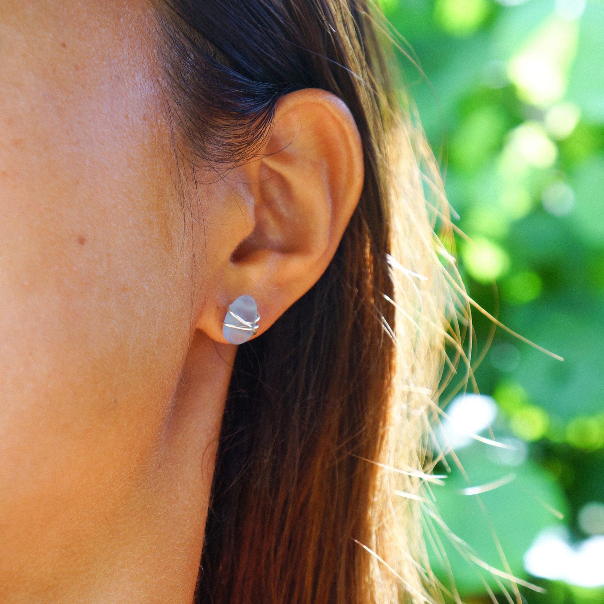 Sea Glass Studs, Handmade Wire Wrapped Earrings, Bridal Jewels, Beach Wedding Present, Surfer Jewelry, Mermaid Gift, Moana, Boho