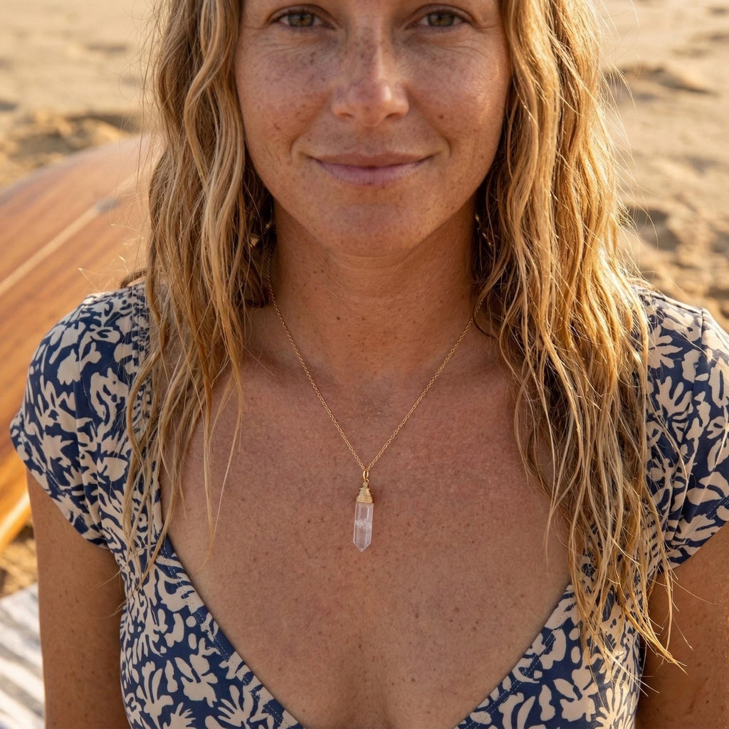 Raw Quartz Crystal Wire-Wrapped Necklace - sunlit beach styling photo (7)
