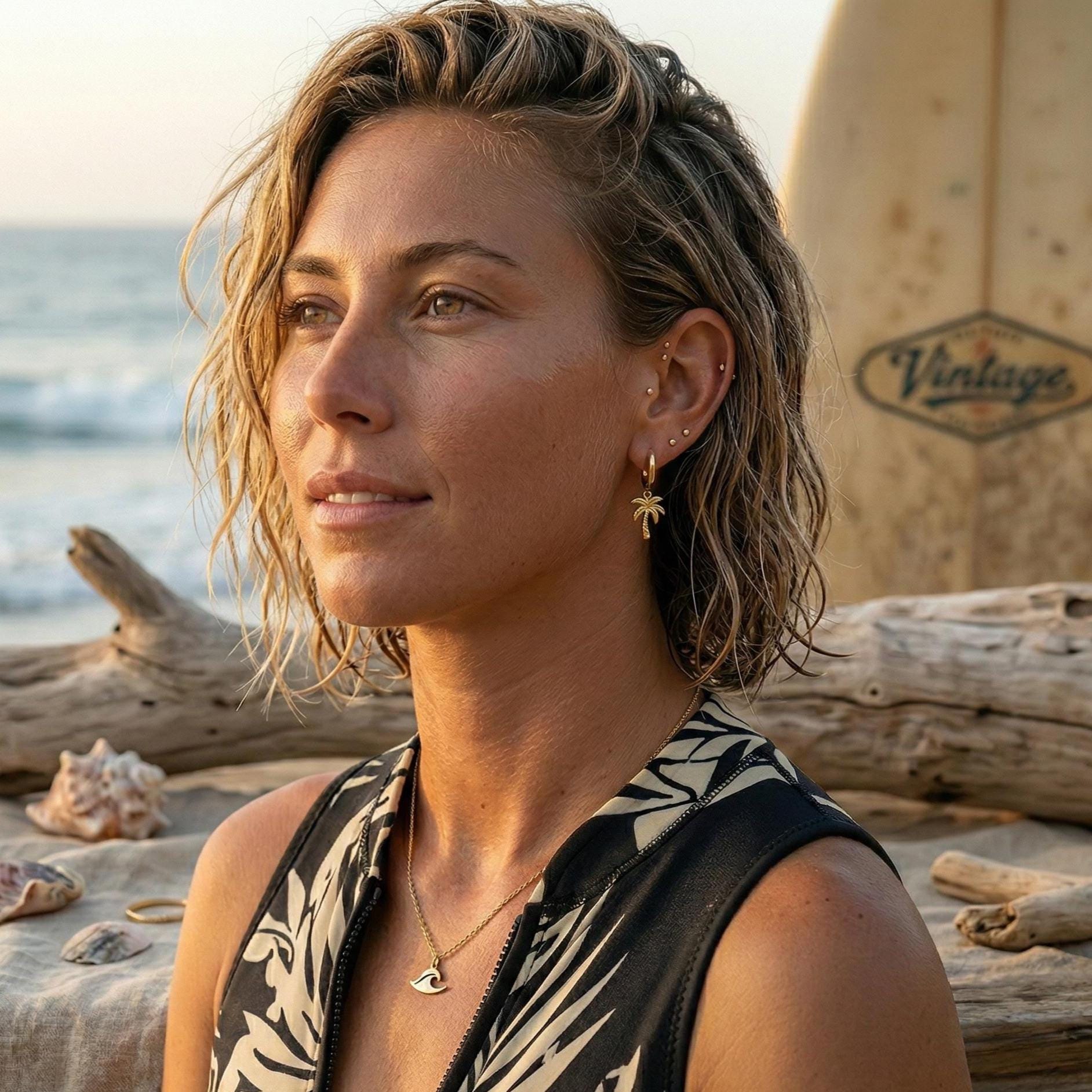 Gold Palm Tree Hoop Earrings, Beach Jewelry, Surfer Girl Earrings, Tropical Dainty Charm Hoops, Ocean Lover Gift, Minimalist Summer Jewelry