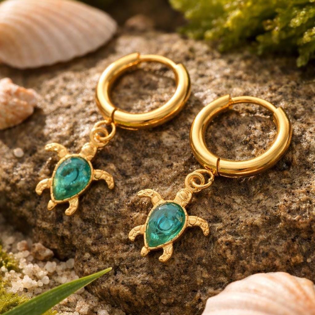 Gold Sea Turtle Huggie Earrings - flat-lay studio detail (8)