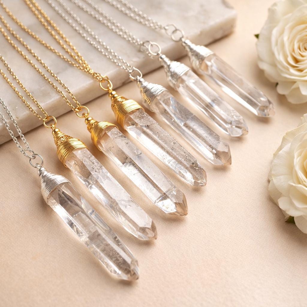 Raw Quartz Crystal Wire-Wrapped Necklace - side profile and craftsmanship view (9)