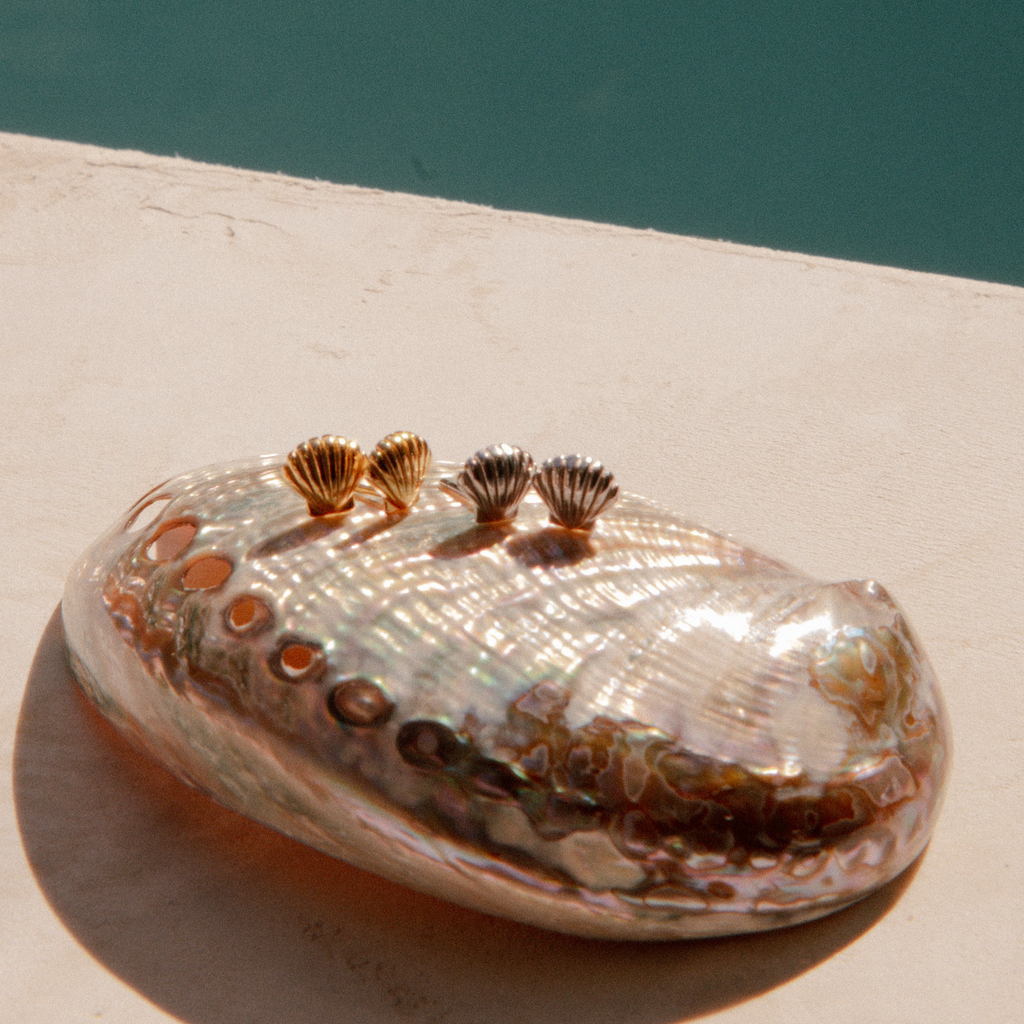 Alona Seashell Studs in 18k gold vermeil and 925 sterling silver - close-up detail view